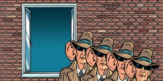 Servicio secreto del espía del estado que escucha detras de las puertas en residentes ilustración del vector Servicio secreto del espía del estado que escucha detras de las puertas en residentes ilustración del vector