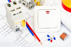 A set of accessories for the installation of electrical wiring homes. Electricity Industry Concept royalty free stock images A set of accessories for the installation of electrical wiring homes. Electricity Industry Concept royalty free stock images