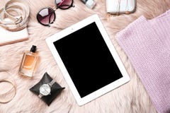 Set of accessories, perfume and tablet computer , flat lay. Beauty blogging Royalty Free Stock Photo Set of accessories, perfume and tablet computer , flat lay. Beauty blogging Royalty Free Stock Photo