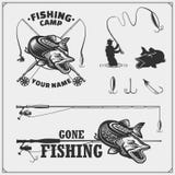Set af fishing labels with a pike and fishing tackle. Fishing emblems and design elements. Stock Illustration Set af fishing labels with a pike and fishing tackle. Fishing emblems and design elements. Stock Illustration