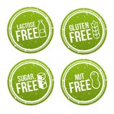 Set of Allergen free Badges. Lactose free, Gluten free, Sugar free, Nut free. Vector hand drawn Signs. Can be used for packaging D vector illustration Set of Allergen free Badges. Lactose free, Gluten free, Sugar free, Nut free. Vector hand drawn Signs. Can be used for packaging D vector illustration