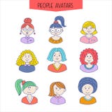 Set of avatars. Girls with different hairstyles. Hand-drawn. Color picture royalty free illustration Set of avatars. Girls with different hairstyles. Hand-drawn. Color picture royalty free illustration