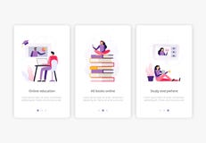 Distance courses. Women and men listen to a podcast and watching video presentation. stock illustration Distance courses. Women and men listen to a podcast and watching video presentation. stock illustration