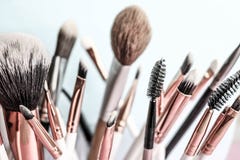 A set of beautiful different soft brushes for make-up from natural nap for the guidance of beauty and the application stock photo A set of beautiful different soft brushes for make-up from natural nap for the guidance of beauty and the application stock photo