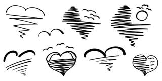 Set of hearts. Sunsets and sunrises at sea with birds flying over the water. Beautiful and romantic. vector illustration Set of hearts. Sunsets and sunrises at sea with birds flying over the water. Beautiful and romantic. vector illustration