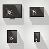 Set of broken screen of smart phone, computer, notebook, tv, mon royalty free illustration Set of broken screen of smart phone, computer, notebook, tv, mon royalty free illustration