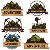 Set Campingowi logowie, szablony, Wektorowi projektów elementy, Plenerowe przygod góry i Lasowe wyprawy, Rocznika b i emblematy ilustracji Set Campingowi logowie, szablony, Wektorowi projektów elementy, Plenerowe przygod góry i Lasowe wyprawy, Rocznika b i emblematy ilustracji