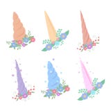 Set of cartoon different horns of a unicorn with flowers and sparkles. royalty free illustration Set of cartoon different horns of a unicorn with flowers and sparkles. royalty free illustration