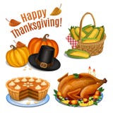 Set of cartoon icons for thanksgiving dinner, roast Turkey