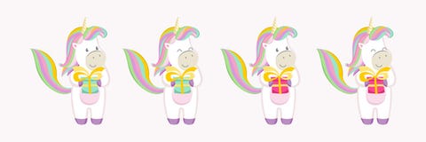 A set of characters of colorful unicorns with gifts in their hands. vector illustration A set of characters of colorful unicorns with gifts in their hands. vector illustration