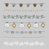 Set of Christmas borders, strings, garlands, brushes. Praty decoration with pine cones, mistletoe, Christmas balls, baubles. Set of Christmas borders, strings vector illustration Set of Christmas borders, strings, garlands, brushes. Praty decoration with pine cones, mistletoe, Christmas balls, baubles. Set of Christmas borders, strings vector illustration