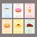 Set ciasto plakaty, sztandary dla słodkiego jedzenia Pączek, cheesecake ilustracja wektor Set ciasto plakaty, sztandary dla słodkiego jedzenia Pączek, cheesecake ilustracja wektor