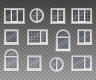Set of closed square, rectangular, round and arched windows with transparent glass in a white frame. Isolated on a transparent bac vector illustration Set of closed square, rectangular, round and arched windows with transparent glass in a white frame. Isolated on a transparent bac vector illustration