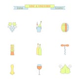 Set of color line icons with different wine elements - bottle, grape, corkscrew, vine leaf, glass, barrel Stock Photography Set of color line icons with different wine elements - bottle, grape, corkscrew, vine leaf, glass, barrel Stock Photography