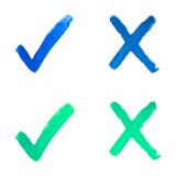 Set colorful check mark and cross sign. Blue, green watercolor check mark on white background. Brush strokes hand drawn. Abstract royalty free illustration Set colorful check mark and cross sign. Blue, green watercolor check mark on white background. Brush strokes hand drawn. Abstract royalty free illustration