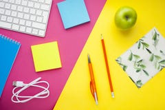 Set of colourful stickers, white keyboard, notebook and snacks. stock image Set of colourful stickers, white keyboard, notebook and snacks. stock image