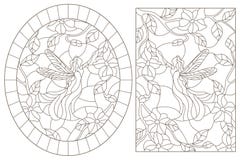 Contour set with  illustrations of stained glass Windows with fairies on a background of colors , dark contours on a white backgro