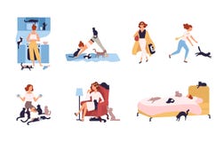 Set of crazy cat lady performing her daily activities being surrounded by pets - sleeping, doing yoga, drinking coffee stock illustration Set of crazy cat lady performing her daily activities being surrounded by pets - sleeping, doing yoga, drinking coffee stock illustration