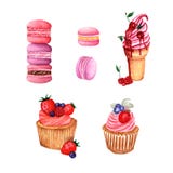 Set cukierki, ilustracja lody z jagodami, słodka bułeczka z i defferent smak macaroons, śmietanką i jagodami royalty ilustracja Set cukierki, ilustracja lody z jagodami, słodka bułeczka z i defferent smak macaroons, śmietanką i jagodami royalty ilustracja