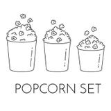 Set of cups with popcorn and kernels flying into the bucket. Different sizes of popcorn boxes isolated on white background. royalty free illustration Set of cups with popcorn and kernels flying into the bucket. Different sizes of popcorn boxes isolated on white background. royalty free illustration
