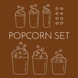 Set of cups with popcorn and kernels flying into the bucket. Different sizes of popcorn boxes on white background. stock illustration Set of cups with popcorn and kernels flying into the bucket. Different sizes of popcorn boxes on white background. stock illustration