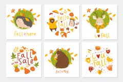 Set of 6 cute autumn postcards with animals royalty free illustration Set of 6 cute autumn postcards with animals royalty free illustration