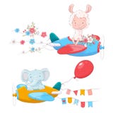Set of cute cartoon animals Lama and an elephant on a plane with flowers and flags for children illustration. royalty free illustration Set of cute cartoon animals Lama and an elephant on a plane with flowers and flags for children illustration. royalty free illustration