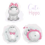 Set cute cartoon hippo with ribbon and tutu in white background vector illustration Set cute cartoon hippo with ribbon and tutu in white background vector illustration