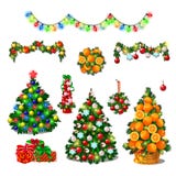 Set Of Cute Christmas Tree, Colorful Garlands. New Year Gift Boxes With Ribbon Bow, Classic Christmas Decorations. Wreath, Baubles. Sketch For Greeting Card vector illustration Set Of Cute Christmas Tree, Colorful Garlands. New Year Gift Boxes With Ribbon Bow, Classic Christmas Decorations. Wreath, Baubles. Sketch For Greeting Card vector illustration