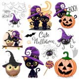 Cute Halloween illustrations with owl, black cat and spider