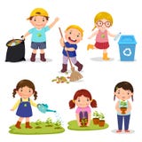 Set of cute kids volunteers. Save Earth. Waste recycling. Girls planted and watering young trees. Kids gathering garbage and plastic waste for recycling