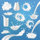 Set of 3D vector milk splash and pouring