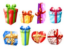 Set of different colorful gift boxes with bows vector illustration isolated on white background website page and mobile app design