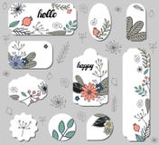Set of different labels with doodle flowers, dogrose and leaves. stock illustration Set of different labels with doodle flowers, dogrose and leaves. stock illustration