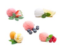 Set of different scoops of fruit ice cream royalty free stock photos Set of different scoops of fruit ice cream royalty free stock photos