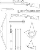 Set of different silhouettes hunting weapons and objects flat linear vector icons on white background. Vector Royalty Free Stock Photography Set of different silhouettes hunting weapons and objects flat linear vector icons on white background. Vector Royalty Free Stock Photography