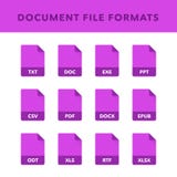 Set of Document File Formats and Labels in flat icons style. Vector illustration royalty free illustration Set of Document File Formats and Labels in flat icons style. Vector illustration royalty free illustration