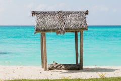 Set drewniane stolec i stoły dla gości umieszczających pod kokosowymi drzewkami palmowymi na białych piaskach plażowa okładzinowa fotografia stock Set drewniane stolec i stoły dla gości umieszczających pod kokosowymi drzewkami palmowymi na białych piaskach plażowa okładzinowa fotografia stock