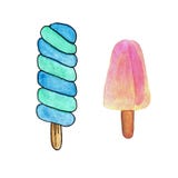 Set dwa lody Popsicle z różowym, kręconym glazerunkiem i Kolorowy sundae na drewnianych kijach ilustracji Set dwa lody Popsicle z różowym, kręconym glazerunkiem i Kolorowy sundae na drewnianych kijach ilustracji