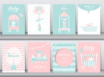 Set dziecko prysznic zaproszenia karty, urodzinowe karty, plakat, szablon, kartka z pozdrowieniami, śliczni, niedźwiedź, pociąg, ilustracja wektor Set dziecko prysznic zaproszenia karty, urodzinowe karty, plakat, szablon, kartka z pozdrowieniami, śliczni, niedźwiedź, pociąg, ilustracja wektor