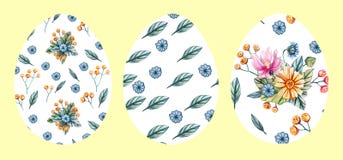Set of 3 Easter eggs on a yellow background with a pattern of wild flowers vector illustration Set of 3 Easter eggs on a yellow background with a pattern of wild flowers vector illustration