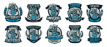 A set of emblems, logos, an astronaut salutes and holds a flag. Flight to the moon, space, intergalactic journey Royalty Free Stock Photography A set of emblems, logos, an astronaut salutes and holds a flag. Flight to the moon, space, intergalactic journey Royalty Free Stock Photography