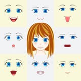 Set of faces in manga style. Cute anime eyes and mouths. Different human eyes and lips showing various human emotions. Vector illu stock illustration Set of faces in manga style. Cute anime eyes and mouths. Different human eyes and lips showing various human emotions. Vector illu stock illustration