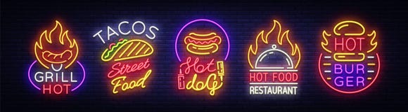 Set Fast Food Logos. Collection neon signs, Street Food Hot Grill, Tacos, Hot Dog, Burger cafe, Restaurant. Design Vector Illustration Set Fast Food Logos. Collection neon signs, Street Food Hot Grill, Tacos, Hot Dog, Burger cafe, Restaurant. Design Vector Illustration