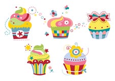 Set of Five Cute Cupcakes