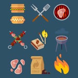 Set of flat barbeque icons for web. Camping vector illustration isolated on blue background. stock illustration Set of flat barbeque icons for web. Camping vector illustration isolated on blue background. stock illustration