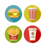 Set of flat icon with hamburger fries soda and coffee in paper cup stock illustration Set of flat icon with hamburger fries soda and coffee in paper cup stock illustration