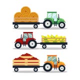 Set flat tractors with a cart corn, hay, tomato isolated on white background. The agricultural machinery transports Stock Photos Set flat tractors with a cart corn, hay, tomato isolated on white background. The agricultural machinery transports Stock Photos