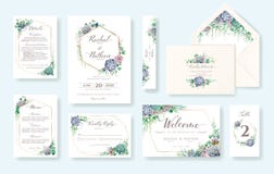 Set of floral wedding invitation card, invite, RSVP, Details, Thank you, Table number, Menu, envelope address template. Succulent