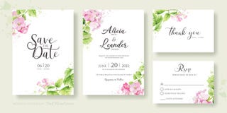 Set of floral wedding Invitation card, save the date, thank you, rsvp template. Hydrangea, pink flower and greenery. watercolour